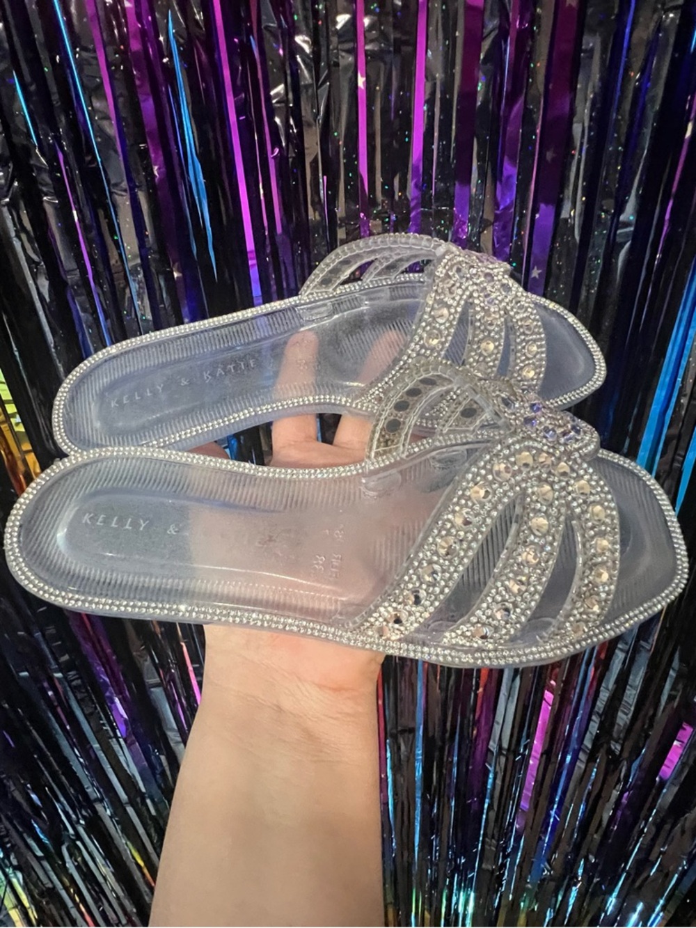 Clear Rhinestone Slide Sandals - Silver - Picture 3 of 6